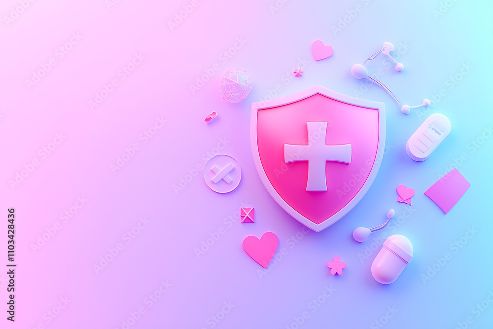 Obraz premium 3D concept of medical insurance featuring a shield with a cross, surrounded by healthcare icons, with copy space. Soft light. 