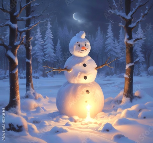 Illustration of winter landscape with funny snowoman. photo