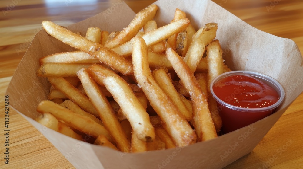 Crispy Golden French Fries Served in Brown Paper Basket with Ketchup Dip on Wooden Table in Cozy Restaurant Setting Crispy Golden French Fries Served in Brown Paper Basket with Ketchup Dip on Wooden Table in Cozy Restaurant Setting
