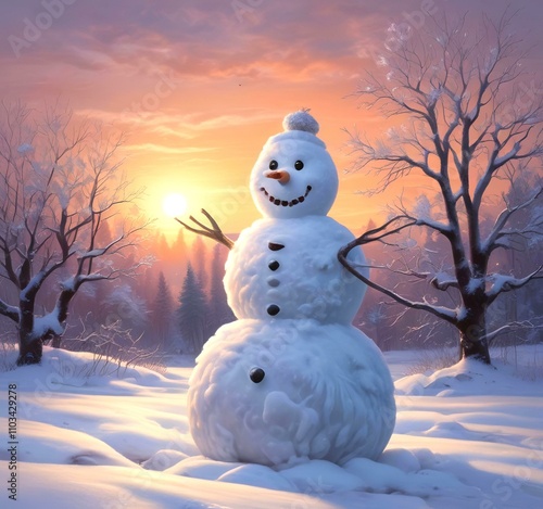 Illustration of winter landscape with funny snowoman. photo