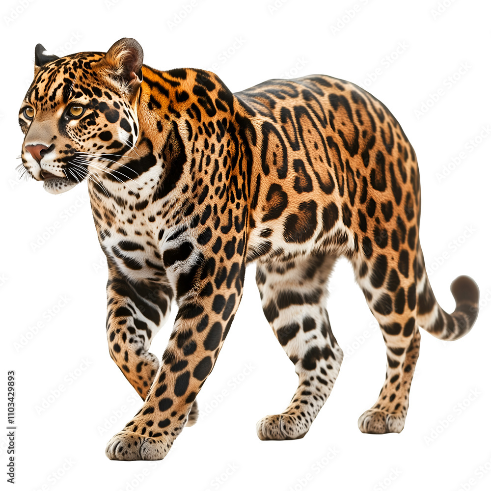 Elegant Leopard with Bold Spots in a Stealthy Walking Pose for Wildlife Themes, cutout, isolated on white background Elegant Leopard with Bold Spots in a Stealthy Walking Pose for Wildlife Themes, cutout, isolated on white background