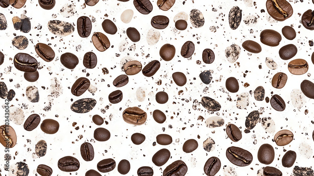 Fototapeta premium A seamless pattern of coffee beans with coffee grounds.