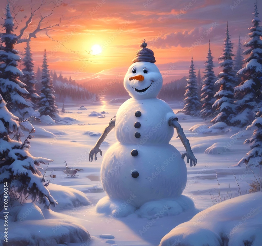 Fototapeta premium Illustration of winter landscape with funny snowoman.