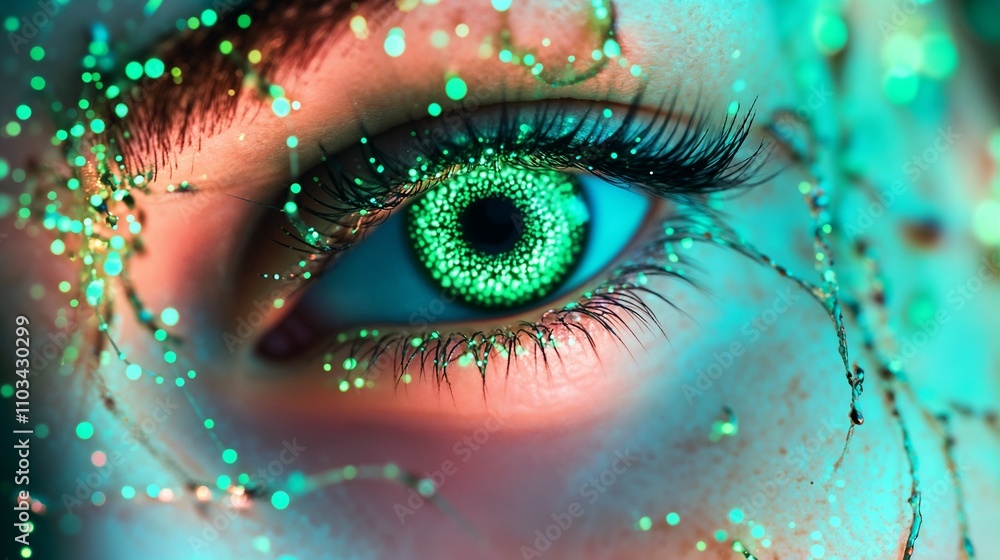 Magical glowing green eye with sparkling fantasy makeup Magical glowing green eye with sparkling fantasy makeup