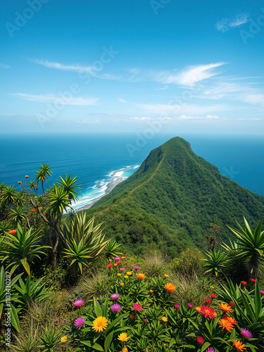 Lush tropical vegetation lines the rugged coastline of a hilltop overlooking the turquoise ocean at Semeti Hills Lombok, semeti hills lombok coastline,  tropical climate,  hillside,  sandy beach photo