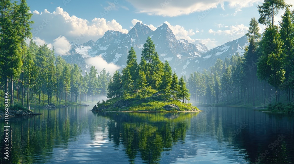 Naklejka premium A Tranquil Island amidst a Lush Forest and Snow-Capped Mountains