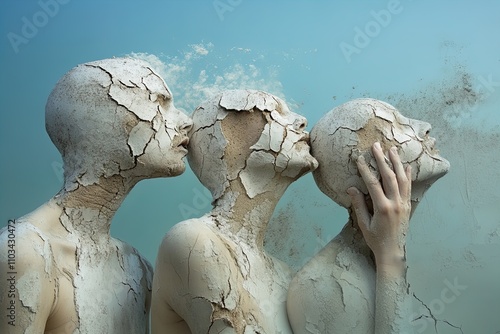 Three cracked sculptures representing emotional struggle and human experience against a serene blue backdrop photo