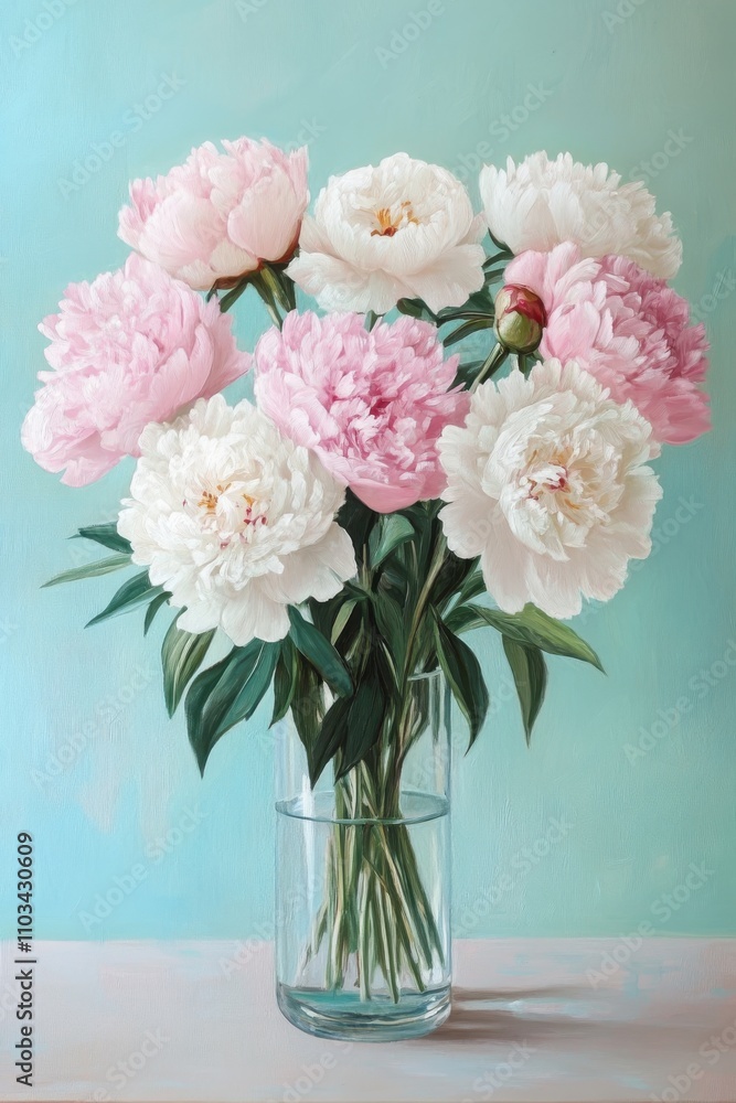 A Beautiful Bouquet of Pink and White Peonies in a Clear Glass Vase Against a Soft Blue Background for a Charming Floral Home Decor A Beautiful Bouquet of Pink and White Peonies in a Clear Glass Vase Against a Soft Blue Background for a Charming Floral Home Decor