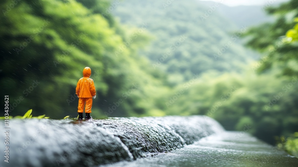 Obraz premium A child in an orange raincoat stands on a wet stone path amidst lush green hills.