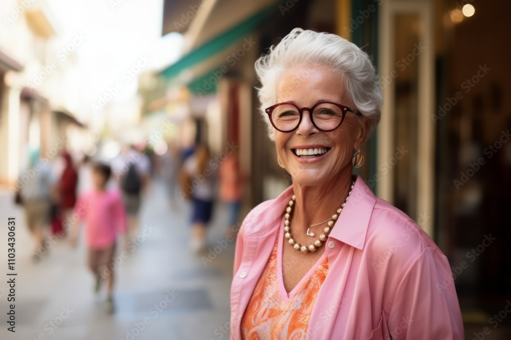 Portrait of happy senior woman in eyeglasses walking on street Portrait of happy senior woman in eyeglasses walking on street