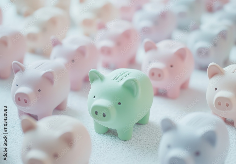 A Diverse Collection of Cute Piggy Banks in Soft Pastel Colors Standing Out on a Minimalist Surface, Symbolizing Savings, Finance, and Budgeting Concepts A Diverse Collection of Cute Piggy Banks in Soft Pastel Colors Standing Out on a Minimalist Surface, Symbolizing Savings, Finance, and Budgeting Concepts