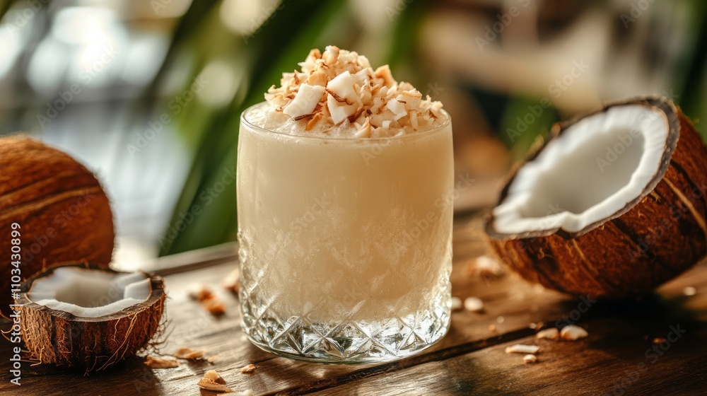 Coconut milk in a glass with coconut slices Coconut milk in a glass with coconut slices