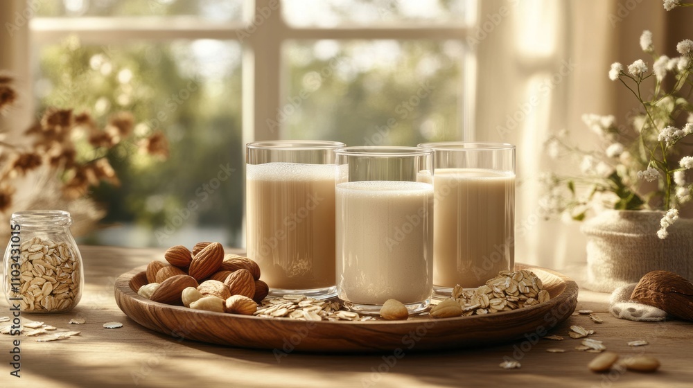 Glasses with assorted plant-based milks on wooden tray Glasses with assorted plant-based milks on wooden tray