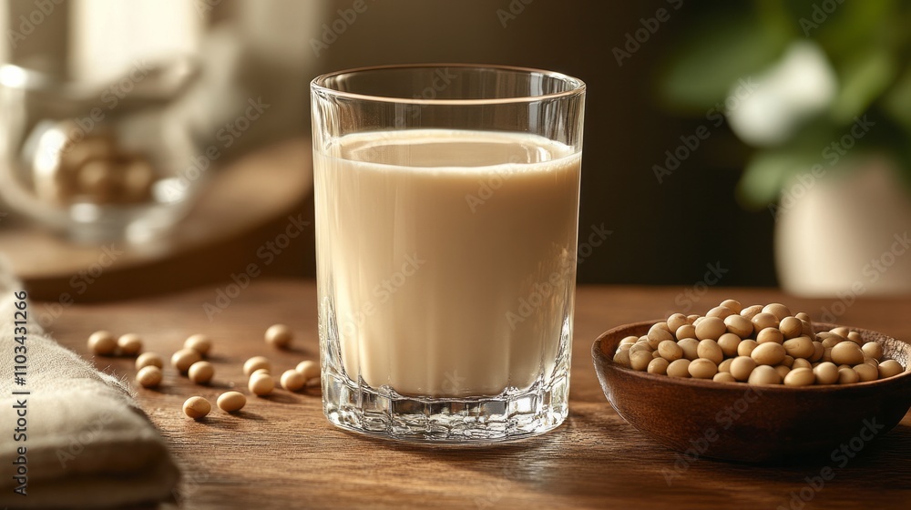 Soy milk in a glass with soybeans Soy milk in a glass with soybeans