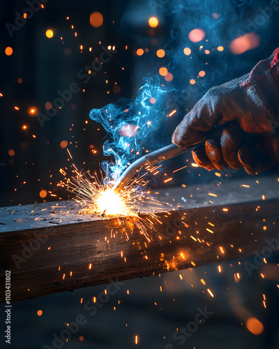 worker while doing a welding with arc welder welding or welding Sparks for background, Backdrop and manufacturing.