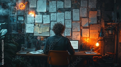 Person Working Late at Night in a Creative Office with Sketches on Wall