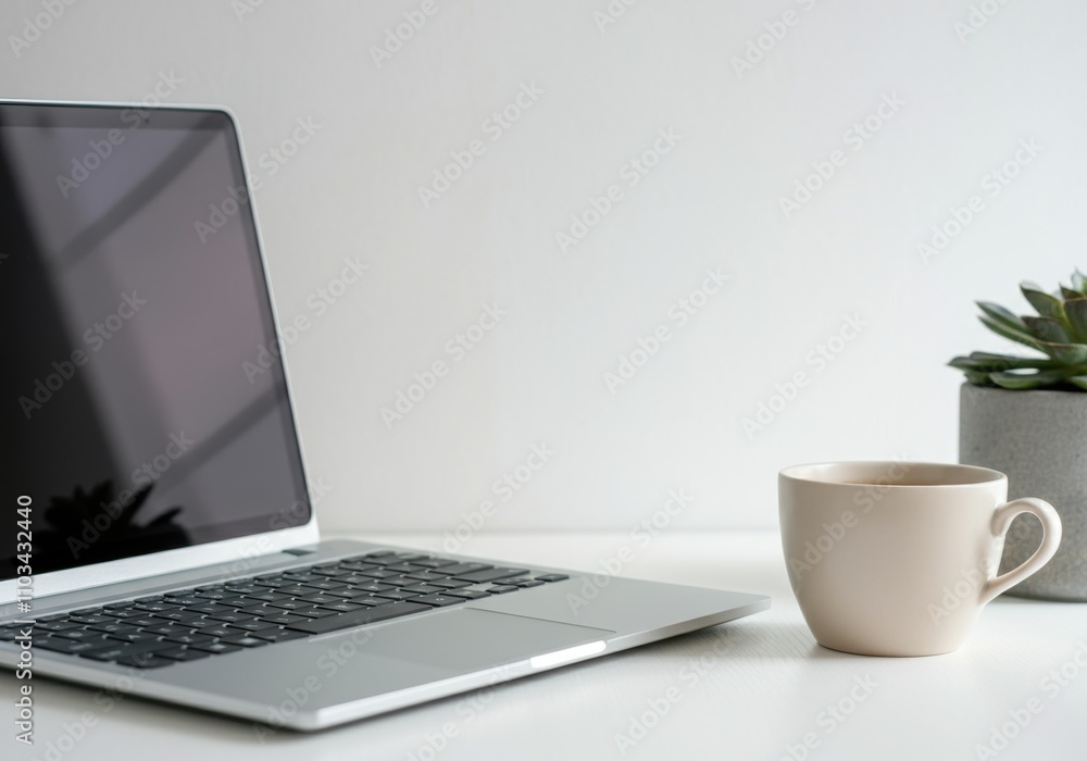 Fototapeta premium Cozy workspace with laptop, coffee and succulent plant, ideal for productive remote work or studying