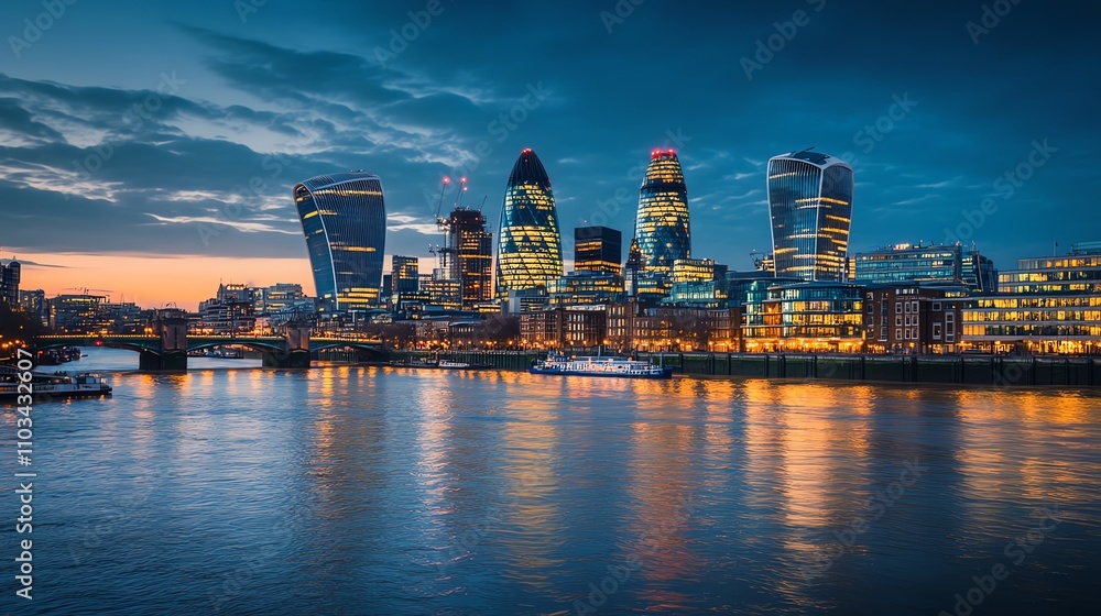 The London skyline at dusk with modern skyscrapers reflected in the Thames River at twilight. The London skyline at dusk with modern skyscrapers reflected in the Thames River at twilight.