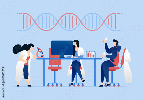 vector illustration of Doctors and professors work together at a table, using DNA based experiments in the laboratory to discover cures and improve medical treatments for various diseases