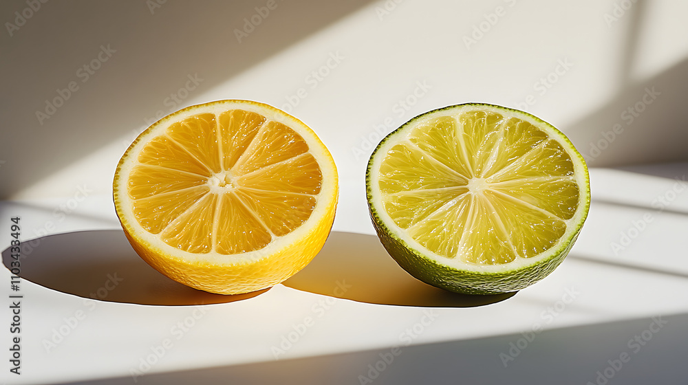 Half a lemon and half a lime are shown, side-by-side, on a white background. Sunlight creates dramatic shadows. Half a lemon and half a lime are shown, side-by-side, on a white background. Sunlight creates dramatic shadows.