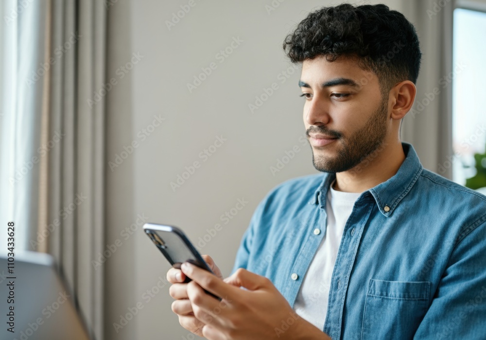 Young entrepreneur using mobile phone while working remotely at home Young entrepreneur using mobile phone while working remotely at home