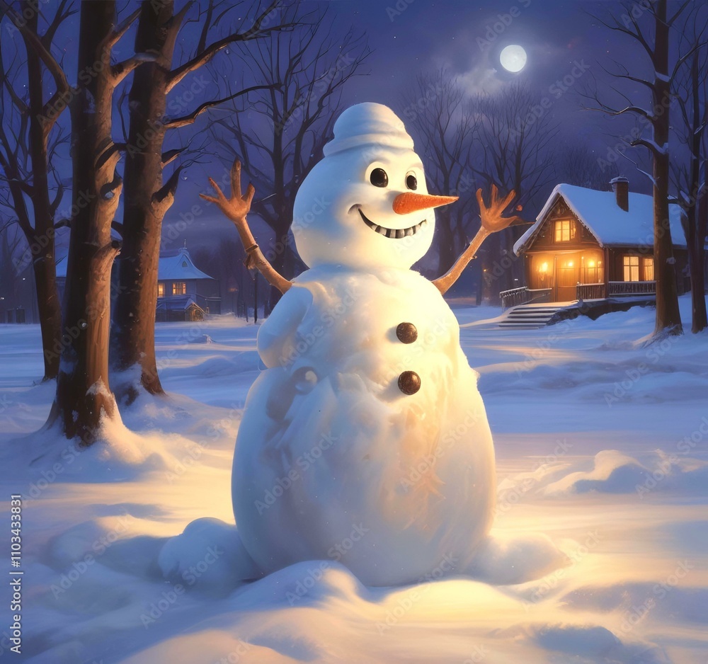 Fototapeta premium Illustration of winter landscape with funny snowoman.