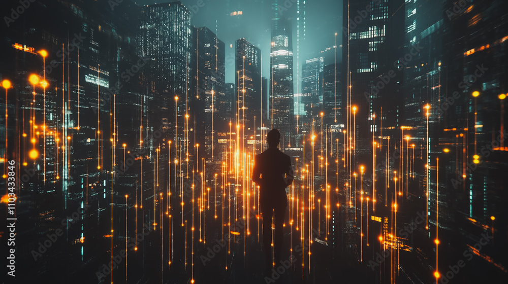 Fototapeta premium Abstract business man stands on the peak of success amid tall, innovative Smart city and graphs with statistics to analyze business potential and predict future developments in company growth.