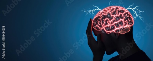 Abstract representation of a stressed individual, with a glowing brain and electrical sparks, symbolizing mental strain and pressure.