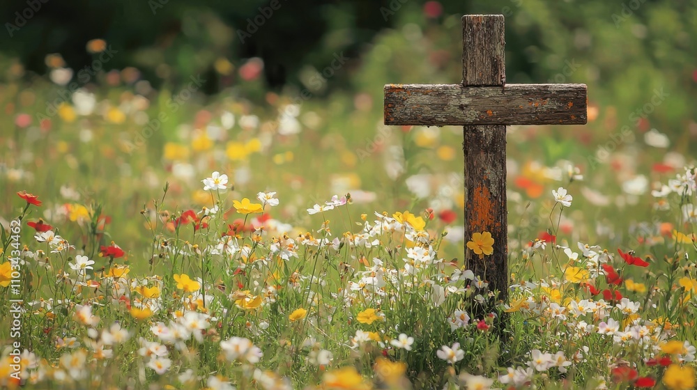 A serene wooden cross amidst a vibrant field of wildflowers, symbolizing peace and reflection in nature's beauty. A serene wooden cross amidst a vibrant field of wildflowers, symbolizing peace and reflection in nature's beauty.