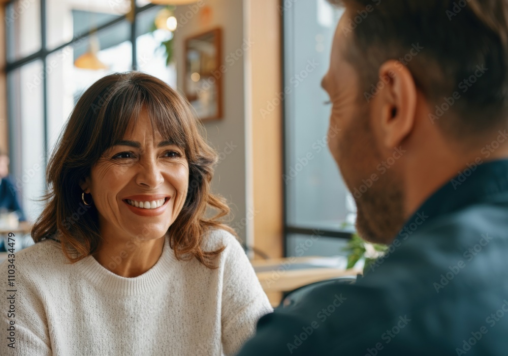 Happy woman enjoying conversation with a man in a restaurant, sharing a moment of connection and laughter Happy woman enjoying conversation with a man in a restaurant, sharing a moment of connection and laughter