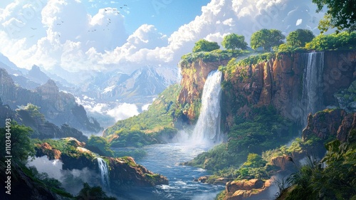Majestic Waterfall Cascading Down a Cliff in a Lush Mountain Valley
