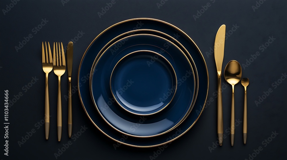Fototapeta premium Elegant Navy Blue and Gold Dinnerware Place Setting