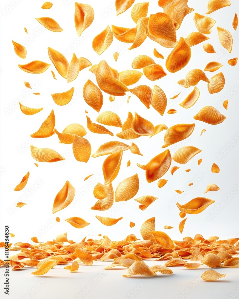 A dynamic display of orange pasta shells floating against a white background. A dynamic display of orange pasta shells floating against a white background.