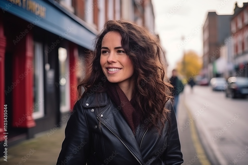 Portrait of a beautiful young woman with long brown curly hair in the city Portrait of a beautiful young woman with long brown curly hair in the city