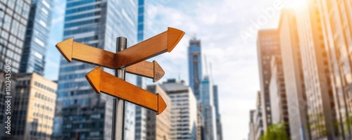 Colorful directional signs amidst a modern cityscape with high-rise buildings under a bright sky, symbolizing choice and navigation.