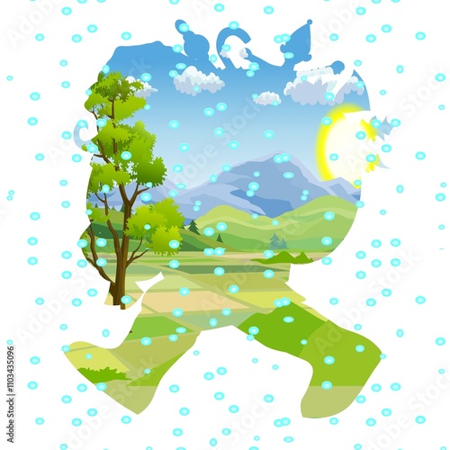 A silhouette of a running figure is filled with a scenic landscape, featuring mountains, trees, and a bright sun. Blue dots scatter throughout the background, adding a whimsical effect.