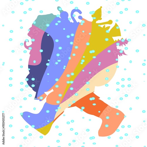 A colorful silhouette of a running character is filled with a variety of vibrant shapes and surrounded by scattered blue bubbles. 