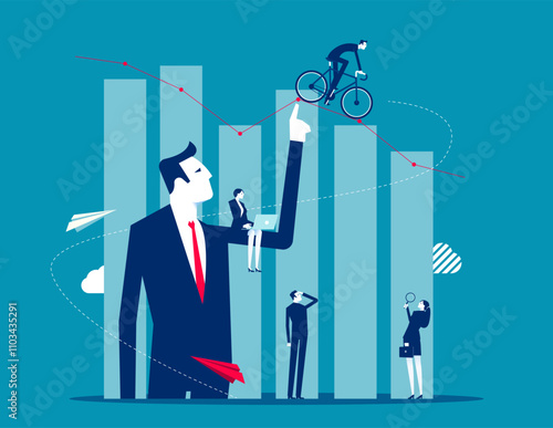 Financial advisor illustration, financial expert study charts, analyze evolutionary scale, business process, financial planning, inflation impact concept. Vector