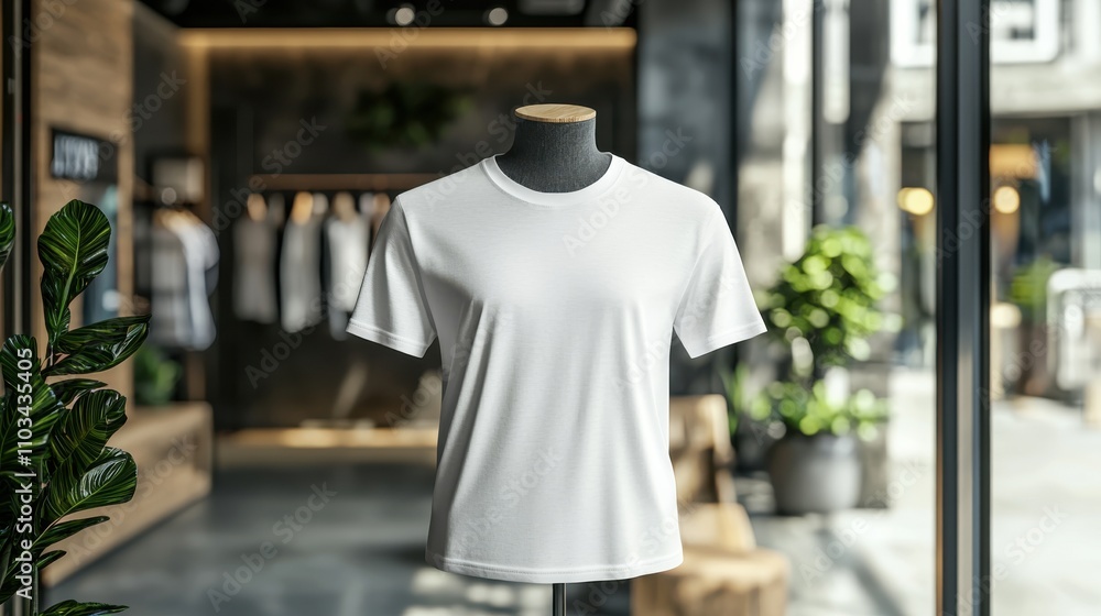 A simple white t-shirt displayed on a mannequin in a modern boutique with greenery in the background. A simple white t-shirt displayed on a mannequin in a modern boutique with greenery in the background.