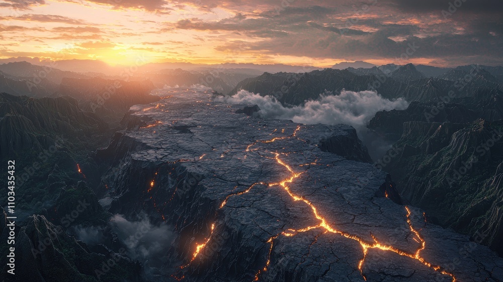Glowing Lava Cracks Through a Mountain Ridge at Sunset Glowing Lava Cracks Through a Mountain Ridge at Sunset