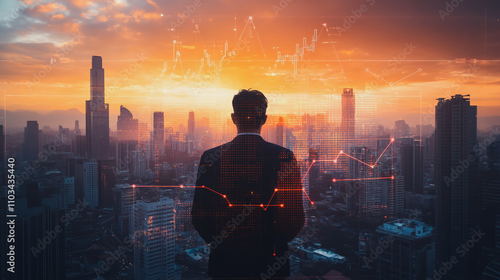 Abstract business man stands on the peak of success amid tall, innovative Smart city and graphs with statistics to analyze business potential and predict future developments in company growth. Abstract business man stands on the peak of success amid tall, innovative Smart city and graphs with statistics to analyze business potential and predict future developments in company growth.