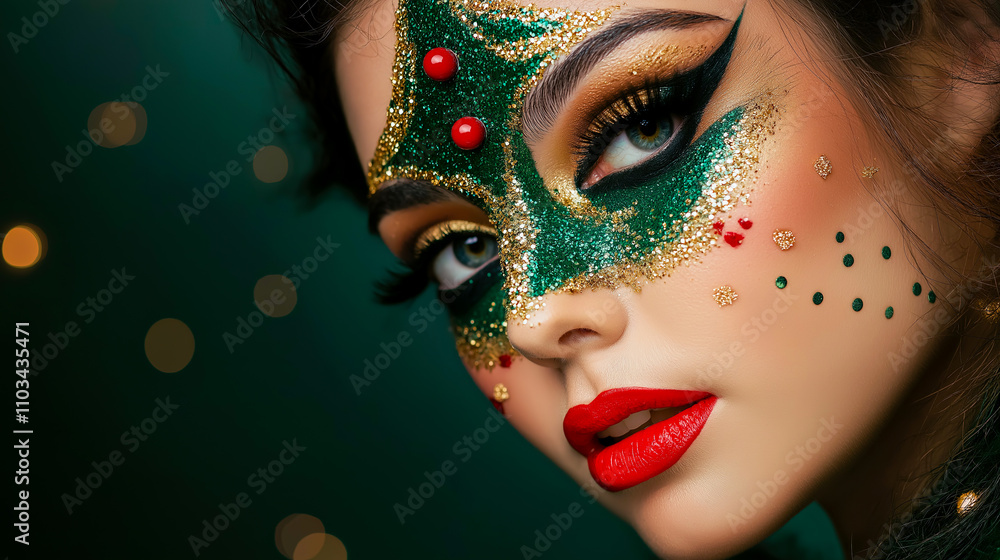 Obraz premium Close-Up Portrait of a Woman in High-Fashion Christmas Makeup with Glitter Accents and Vibrant Festive Colors for Holiday Campaigns