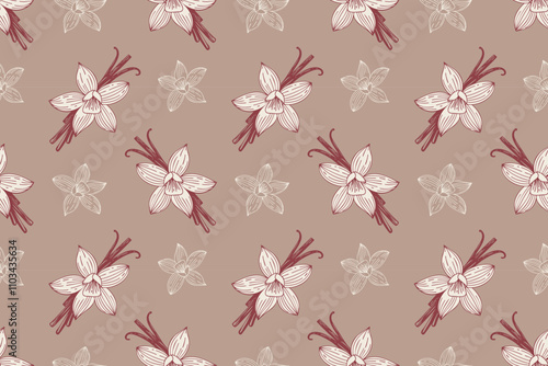 Aromatic spices Vanilla pattern, white contour flowers and vanilla sticks on beige background.