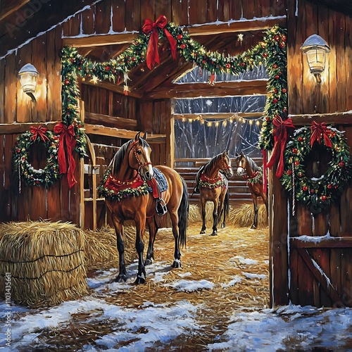 Festive Christmas scene in a rustic barn with horses adorned with garlands.