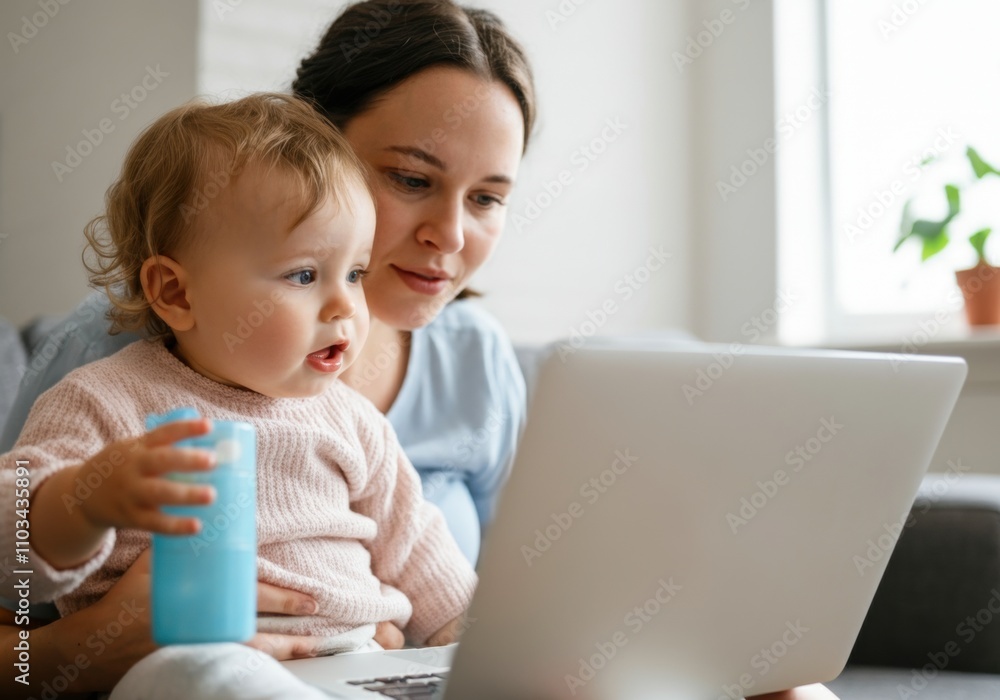 Mother and her baby girl are sitting on a sofa and watching something on a laptop Mother and her baby girl are sitting on a sofa and watching something on a laptop