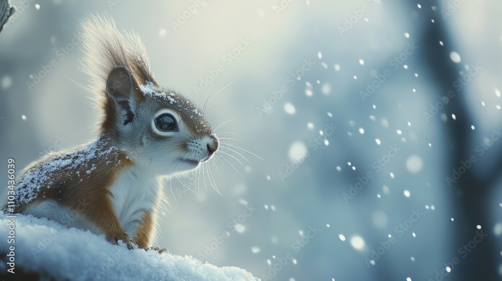 Cute squirrel in snow winter landscape with snowfall. christmas and new year concept Cute squirrel in snow winter landscape with snowfall. christmas and new year concept