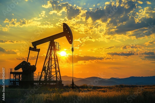 A stunning silhouette of an oil pump jack against a vibrant sunset, showcasing the energy industry's impact on landscapes.