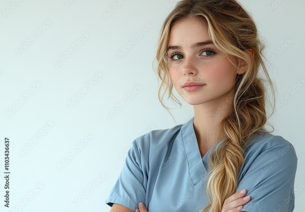 A young woman in scrubs poses confidently, suggesting a medical or healthcare context. A young woman in scrubs poses confidently, suggesting a medical or healthcare context.