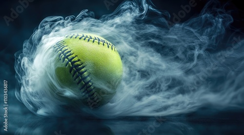 Softball with smoke and water on a dark background