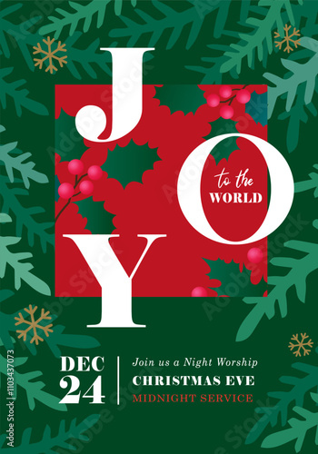 Joy, Christmas Eve midnight service poster. Joy to the world, Merry Chrismas christian design for social media banners or greeting cards